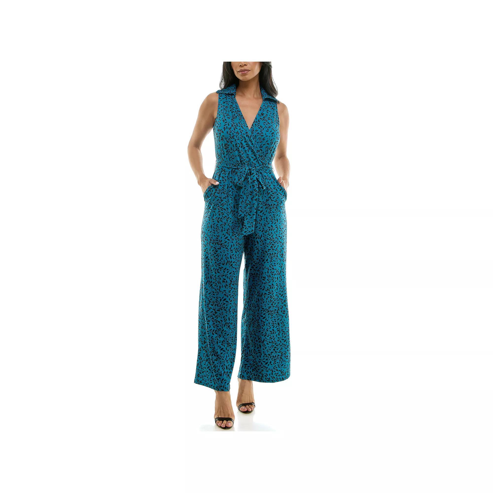 Womens Nina Leonard Print Collared Sleeveless Surplice Wide-Leg Jumpsuit Product Image
