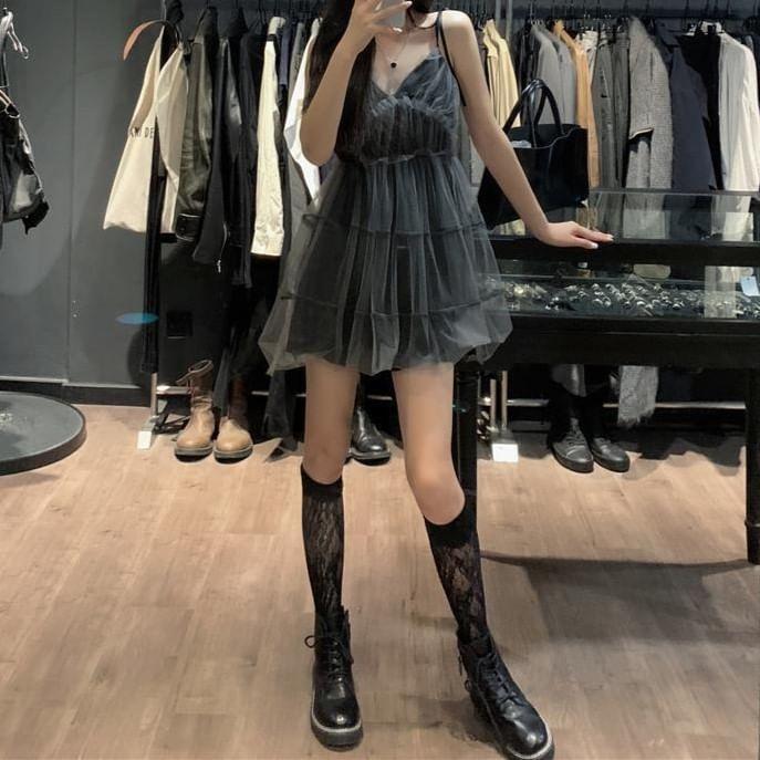 Sleeveless V-Neck Mesh Mini A-Line Dress Product Image