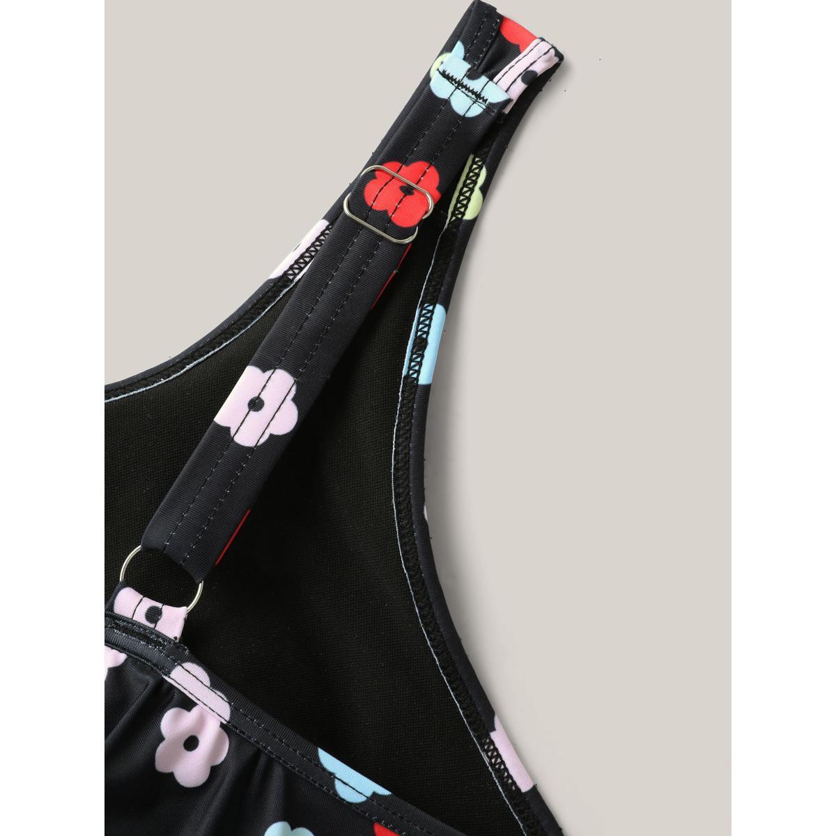 Plus Size Colorful Floral Layered One-Piece Swimsuit Women's Swimwear Black Beach Contrast Curve Bathing Suits High stretch One Pieces BloomChic 22-24/3X Product Image