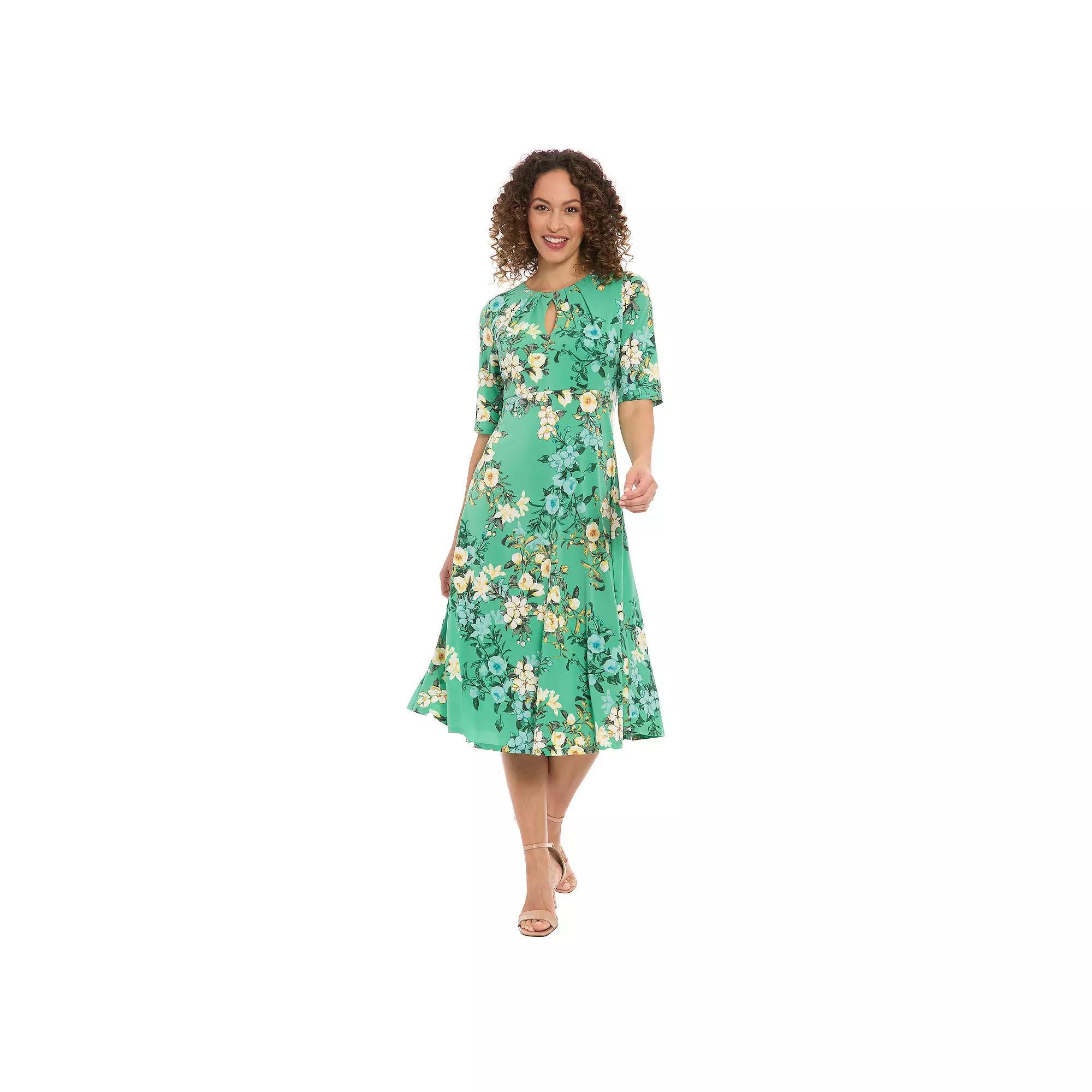 Women's London Times Floral Pleated Keyhole Neck Midi Dress, Size: 12, Green Product Image