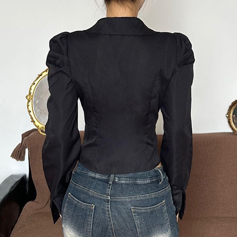 Long Sleeve Collared V-Neck Plain Crop Shirt Product Image