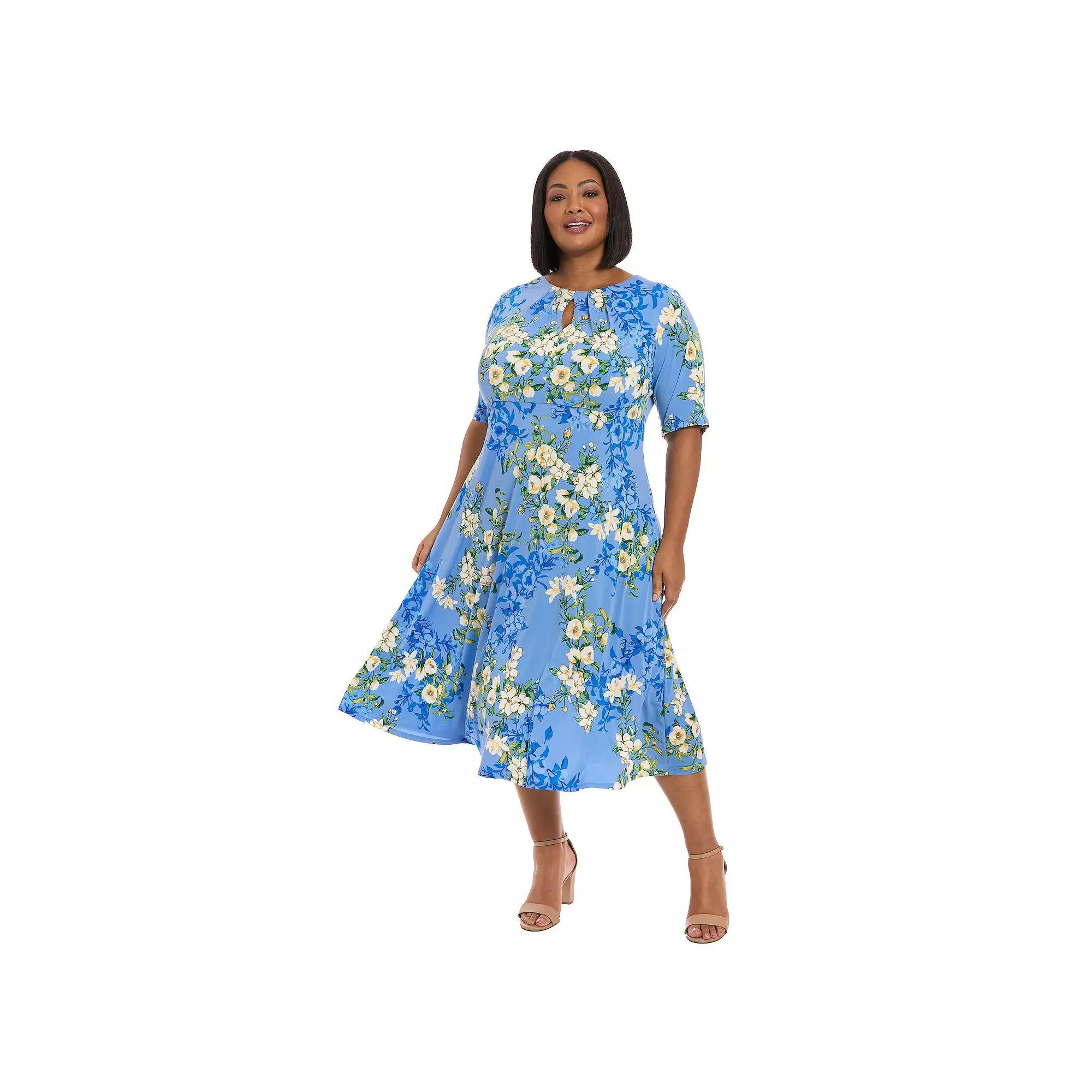 Plus Size London Times Short Sleeve Keyhole Midi Dress, Women's, Size: 14 W, Blue Product Image