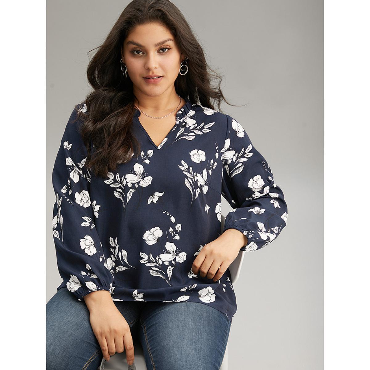Plus Size Indigo Silhouette Floral Print Ruffles Lantern Sleeve Blouse Women Elegant Long Sleeve V-neck Vacation Blouses BloomChic 12/L Product Image