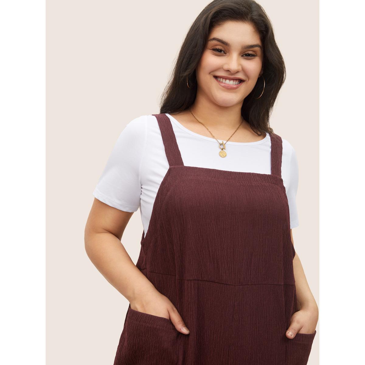 Plus Size Burgundy Plain Textured Patched Pocket Cami Jumpsuit Women Casual Sleeveless Non Everyday Loose Jumpsuits BloomChic 18-20/2X Product Image