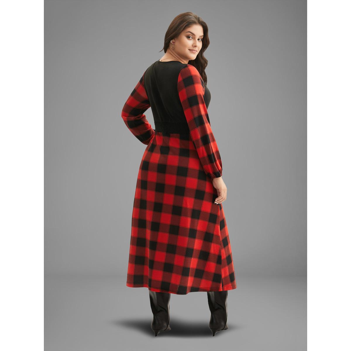 Plus Size Vest Design Fit-and-Flare Midi Dress Crimson Women Elegant Patchwork Party Curvy Bloomchic 30/6X Product Image