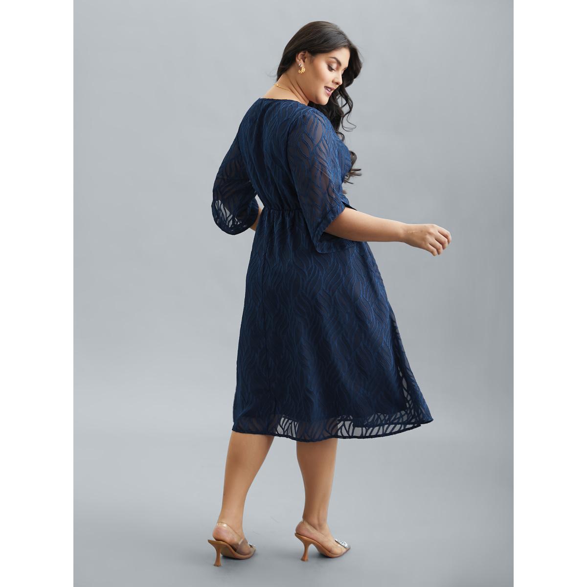 Plus Size Chiffon Textured Sheer Sleeve Midi Dress Navy Women At the Office Texture V-neck Elbow-length sleeve Curvy BloomChic 18-20/2X Product Image