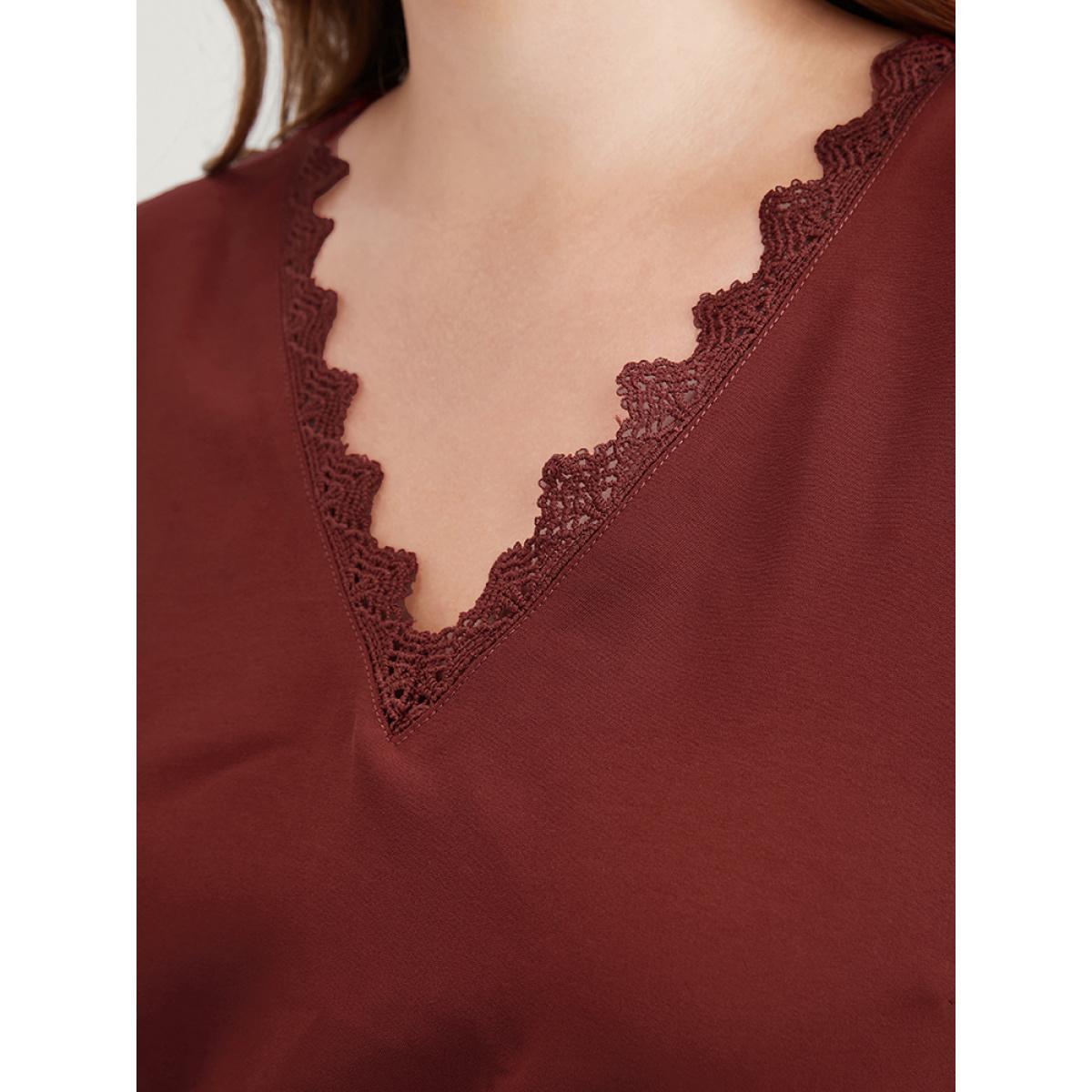 Plus Size Solid Pocket Lace Insert Lantern Sleeve Flutter Dress Scarlet Women Elegant V-neck Long Sleeve Curvy Midi Dress BloomChic 14-16/1X Product Image