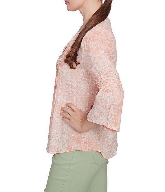 Ruby Rd. Soft Silky Slub Patchwork Band V-Neck 3/4 Bell Sleeve Pleated Flowy Blouse Product Image