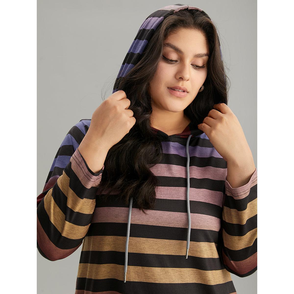 Plus Size Colour Striped Ombre Hooded Drawstring T-shirt Multicolor Women Casual Printed Striped Hooded Dailywear T-shirts BloomChic 18-20/2X Product Image