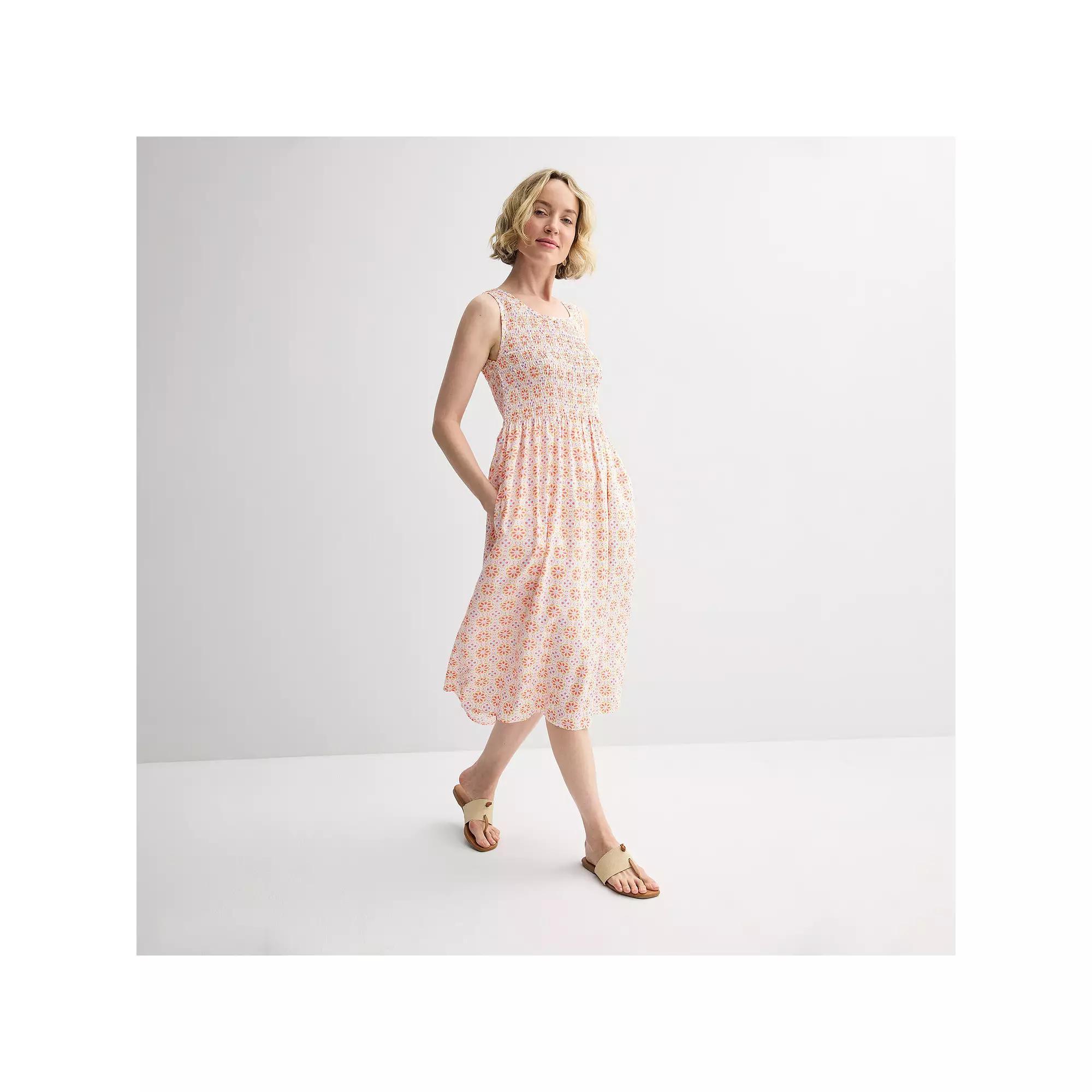 Women's Croft & Barrow® Smocked Midi Dress, Size: Medium, Orange Tile Block Product Image