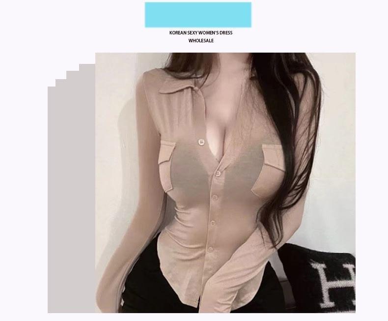 Long-Sleeve Plain Pocket Detail Sheer Slim Fit Shirt Product Image