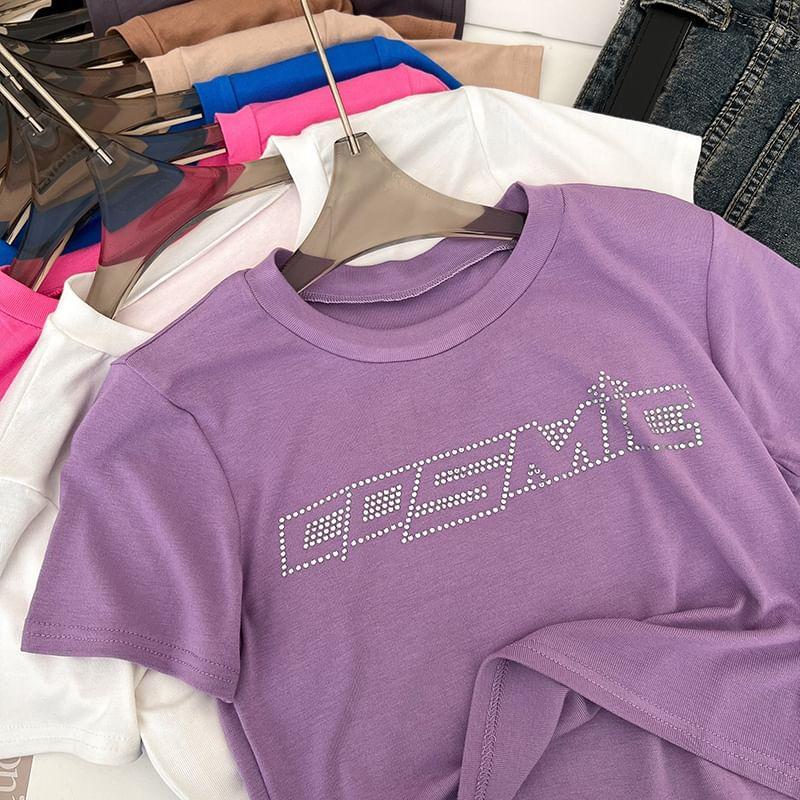 Short-Sleeve Round Neck Lettering Rhinestone T-Shirt Product Image