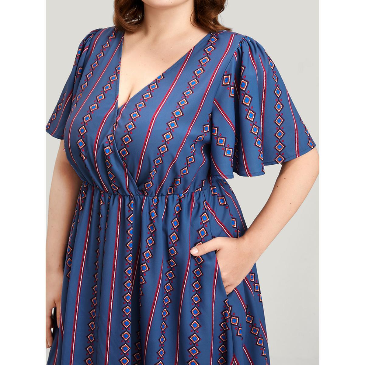 Plus Size Striped Pocket Split Flutter Wrap Midi Dress DarkBlue Women Casual Printed V-neck Short sleeve Curvy Midi Dress BloomChic 22-24/3X Product Image