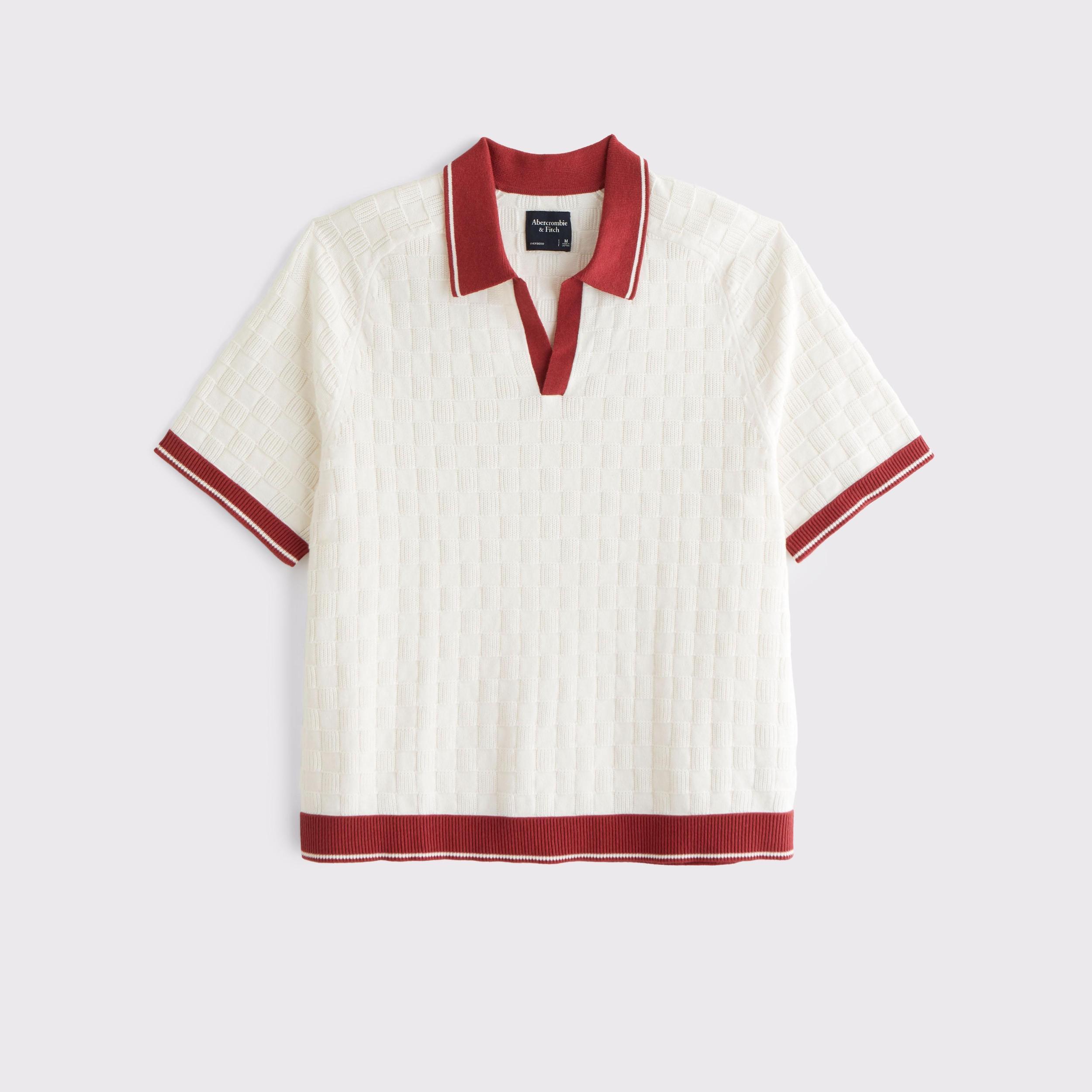 Cropped Checkered Stitch Johnny Collar Sweater Polo Product Image