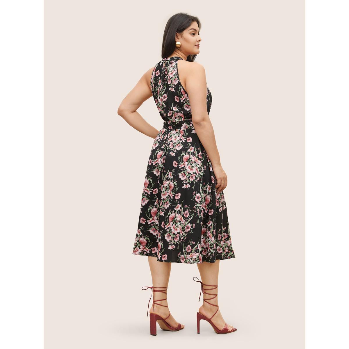 Plus Size Floral Print Halter Elastic Waist Belted Dress Black Women Elegant Non Halter neck Sleeveless Curvy Midi Dress BloomChic 22-24/3X Product Image