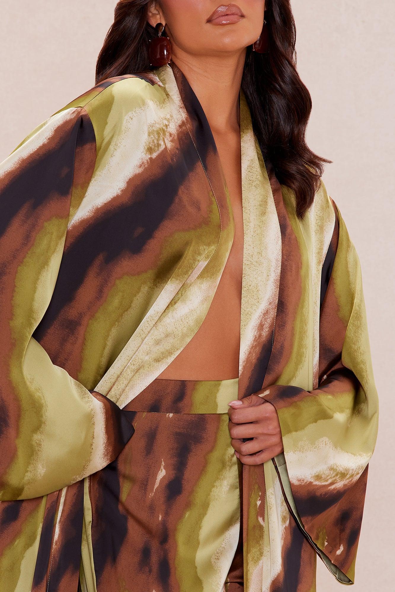 Rae Satin Kimono Set - Green/combo Product Image