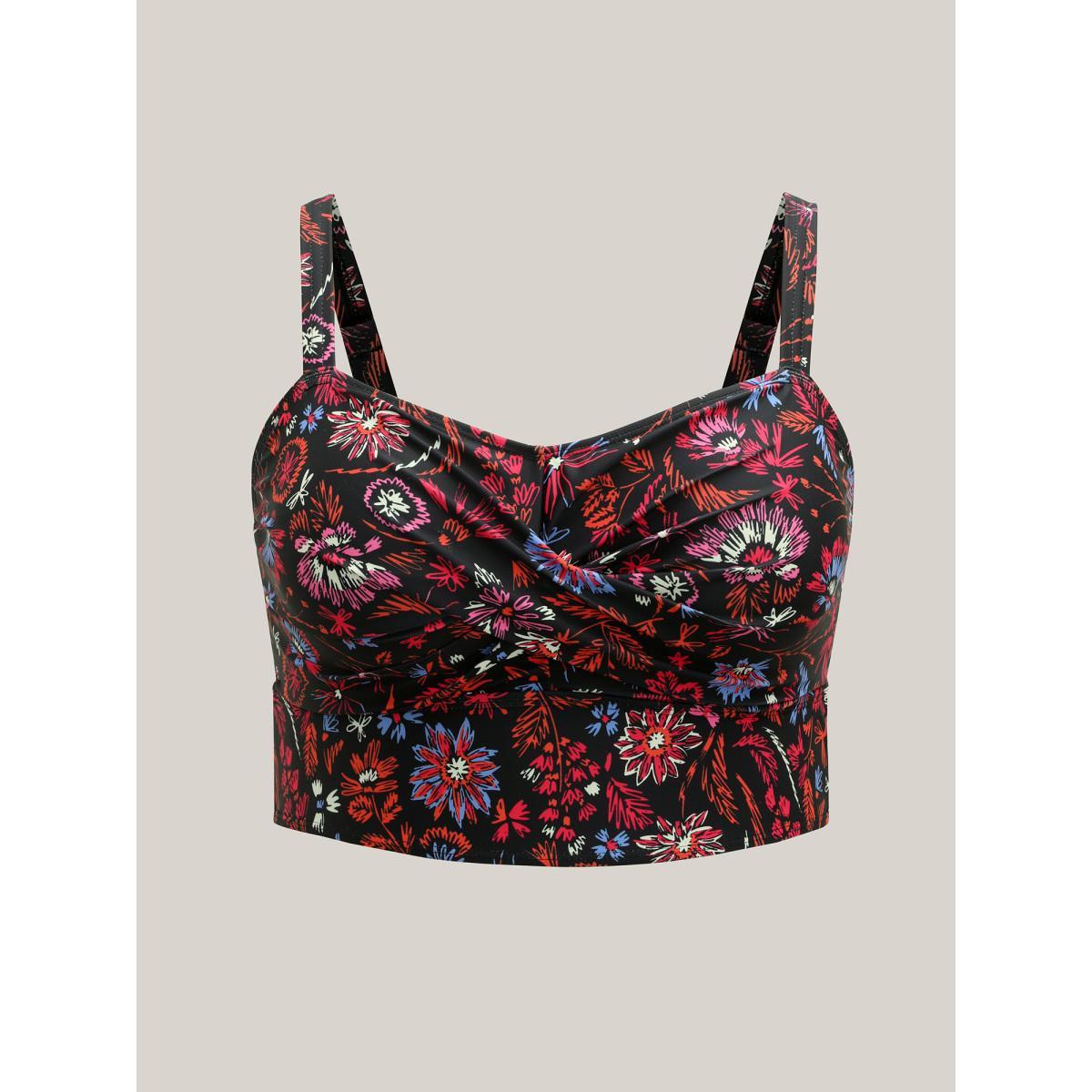 Plus Size Floral Print Twist Front Swim Top Women's Swimwear Black Beach Twist High stretch Skinny Heart neckline Curve Swim Tops BloomChic 12/L Product Image