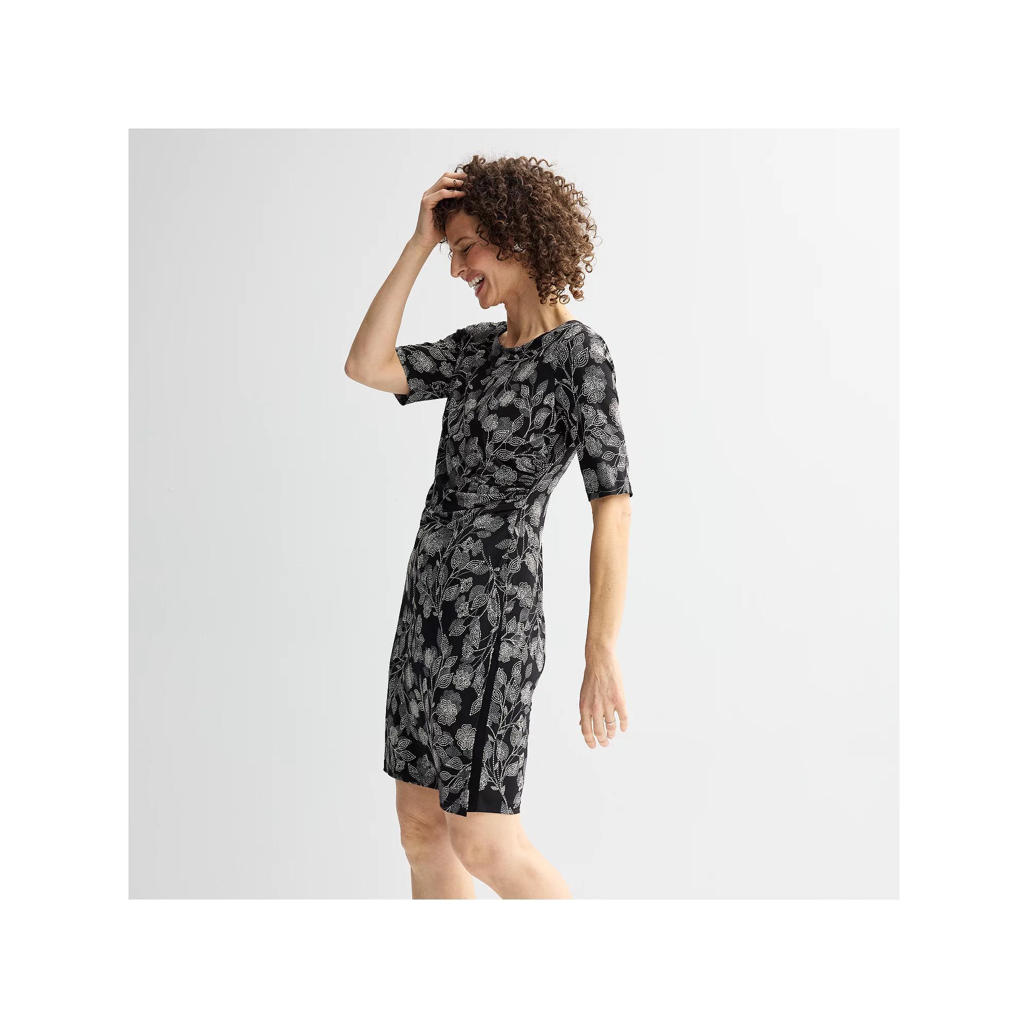 Women's Connected Apparel Crewneck Elbow Sleeve Faux Wrap Dress, Size: 12, Black Product Image