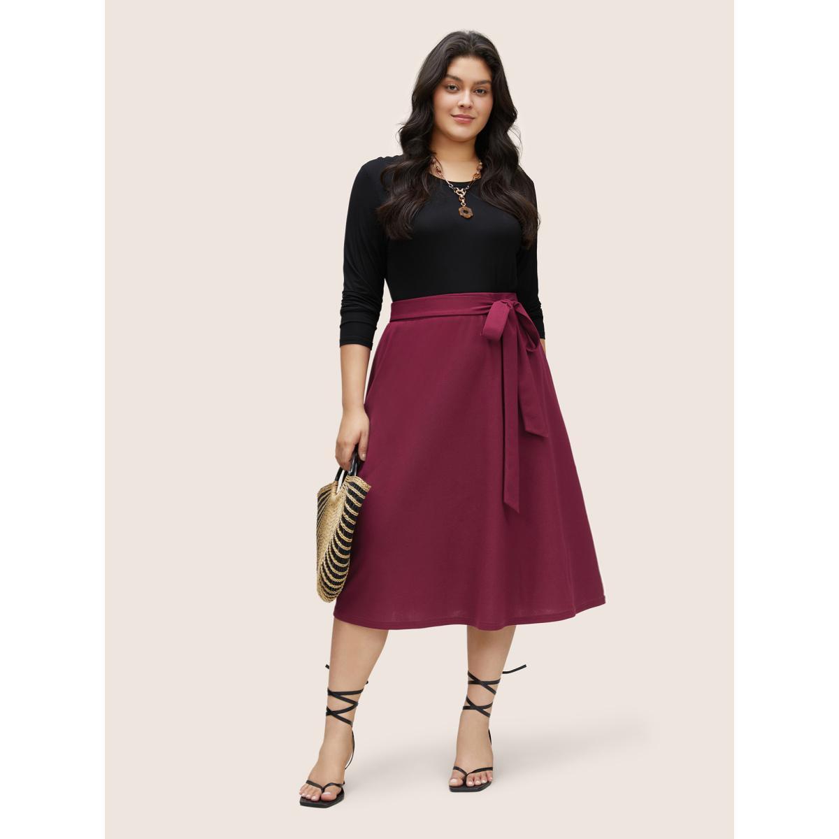 Plus Size Plain Elastic Waist Pocket Ties Cropped Skirt Women RedViolet Workwear Essentials Belted No stretch Slanted pocket Belt Work Skirts BloomChic 28/5X Product Image