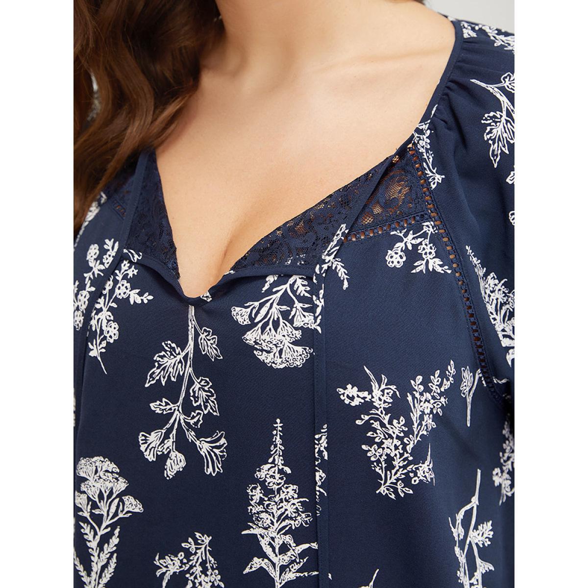 Plus Size Indigo Floral Tassels Tie Neck Contrast Lace Blouse Women Elegant Short sleeve Tie Neck Dailywear Blouses BloomChic 18-20/2X Product Image