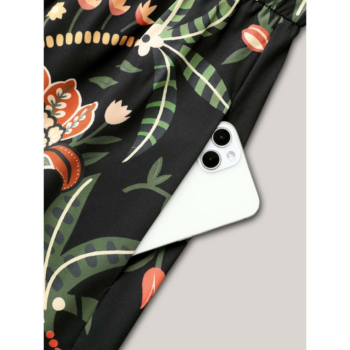 Plus Size Floral Print Notched Collar Elastic Waist Dress Black Women Resort Non Flat collar with V-notch Long Sleeve Curvy BloomChic 30/6X Product Image