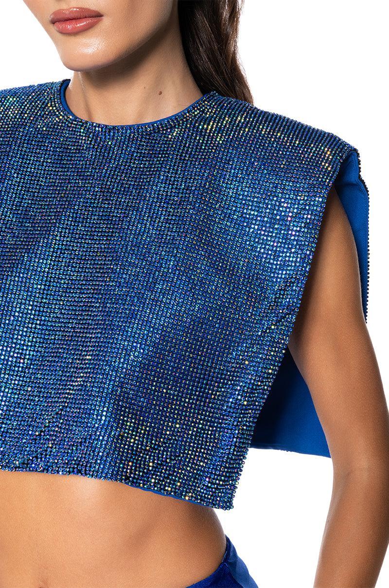 DISCO BABE SLEEVELESS RHINESTONE CROP TOP IN BLUE Product Image