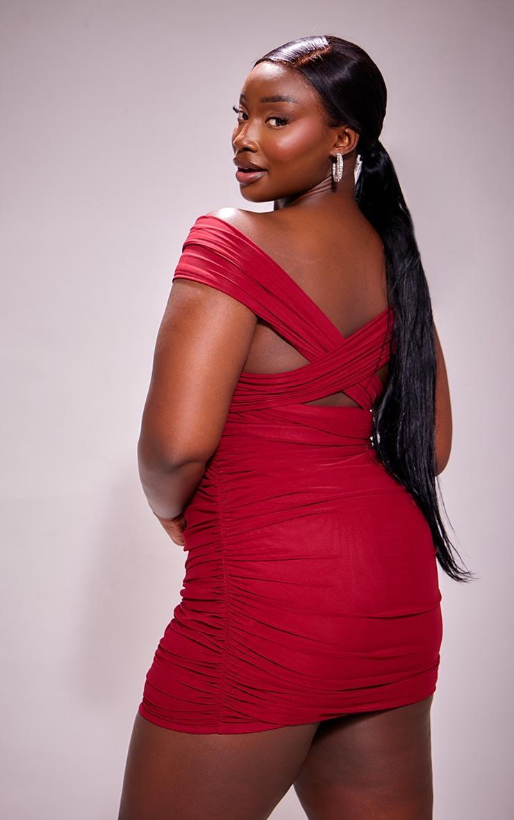 Plus Cherry Red Mesh One Shoulder Detail Ruched Bodycon Dress Product Image