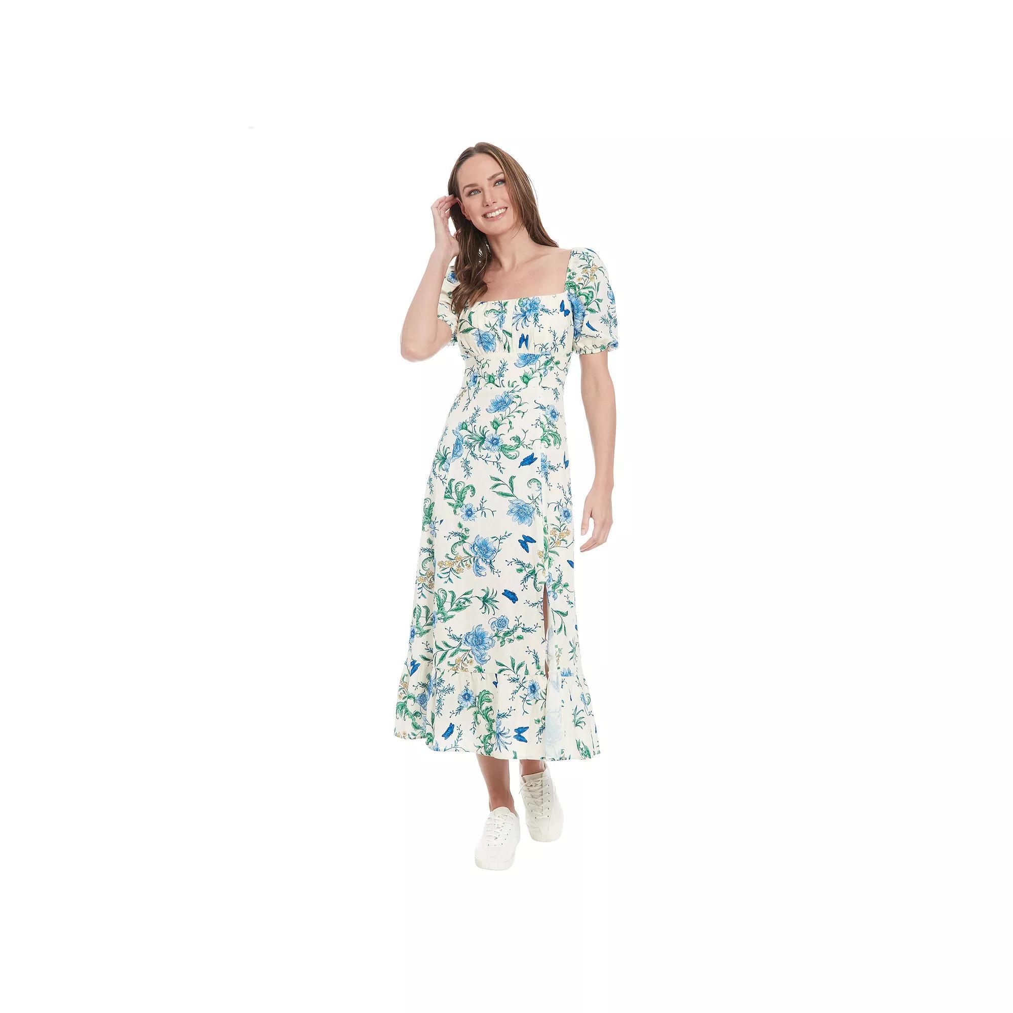 Womens London Times Floral Squareneck Puff Sleeve Empire Waist Midi Dress Ivory Denim Product Image
