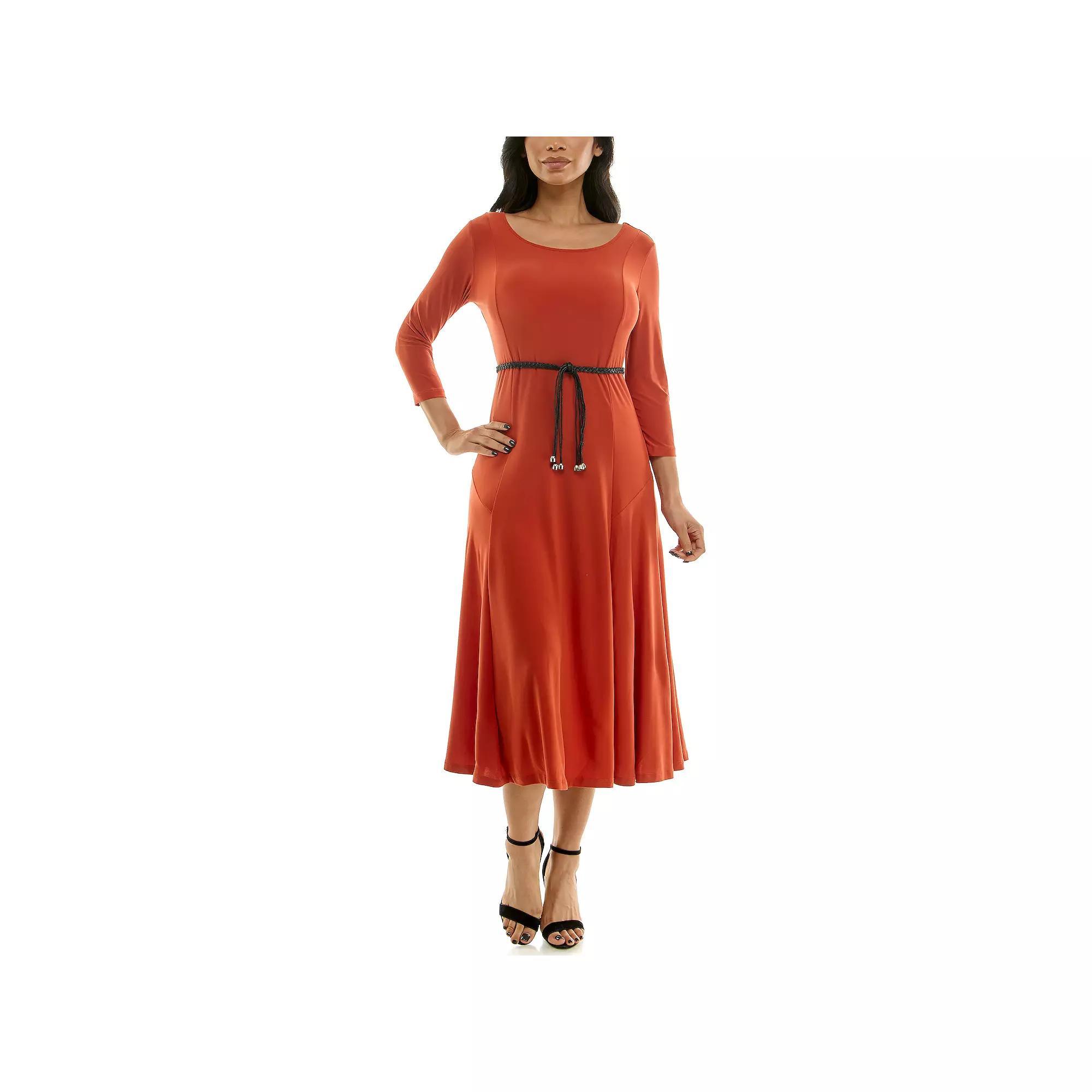Womens Nina Leonard Sylvia Three-Quarter Sleeve Belted Midi Dress Product Image