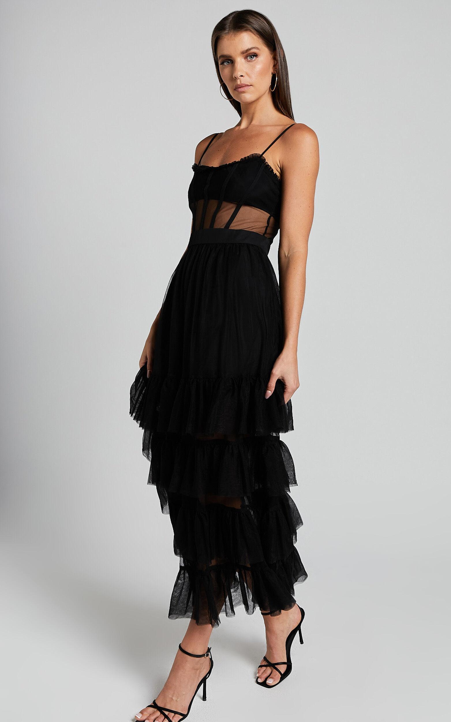 Evelynn Midi Dress - Sweetheart Corset Bodice Fit & Flare Tiered in Black Product Image