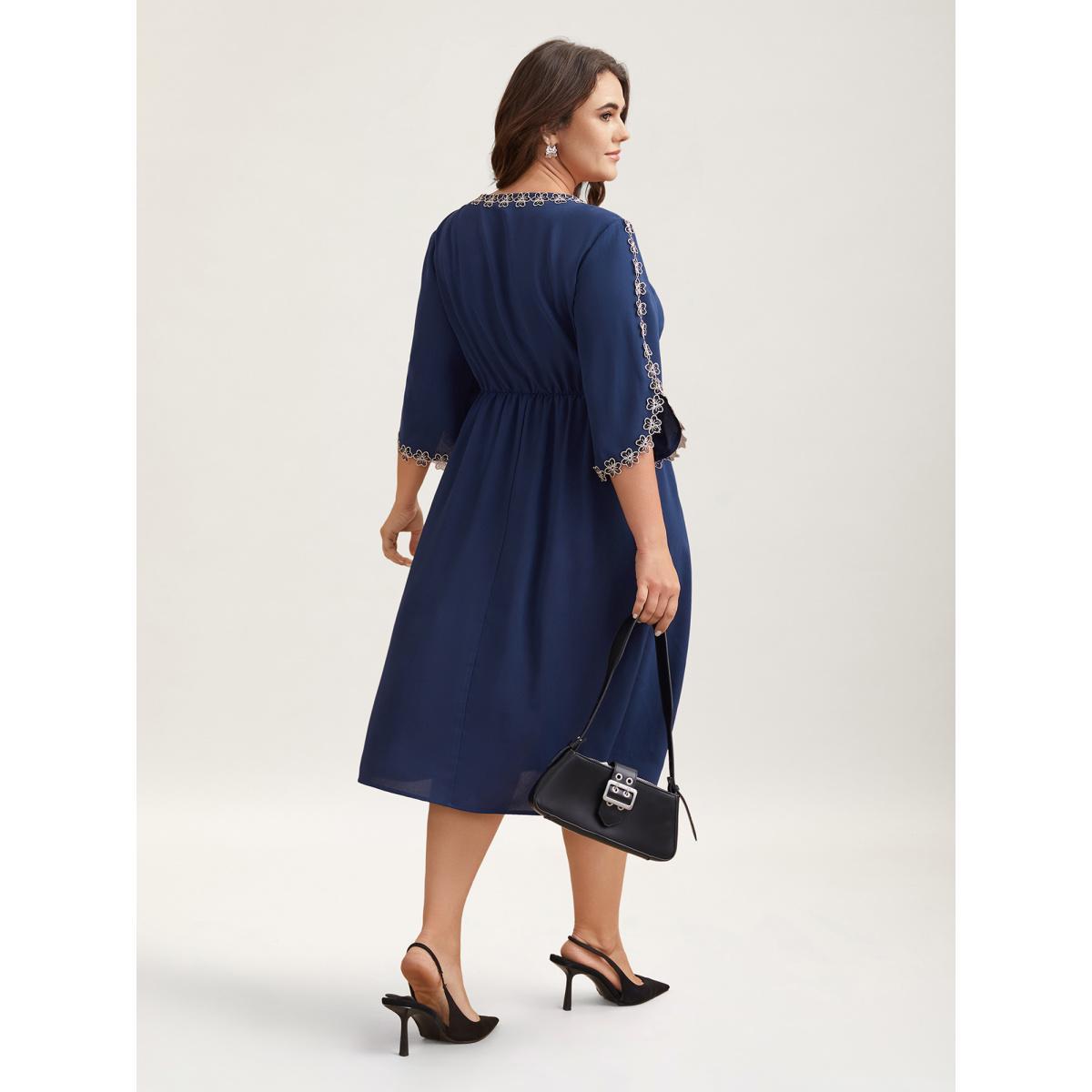 Plus Size Lace Detail Trumpet Sleeve Midi Dress DarkBlue Women At the Office Overlapping Boat Neck Elbow-length sleeve Curvy BloomChic 18-20/2X Product Image