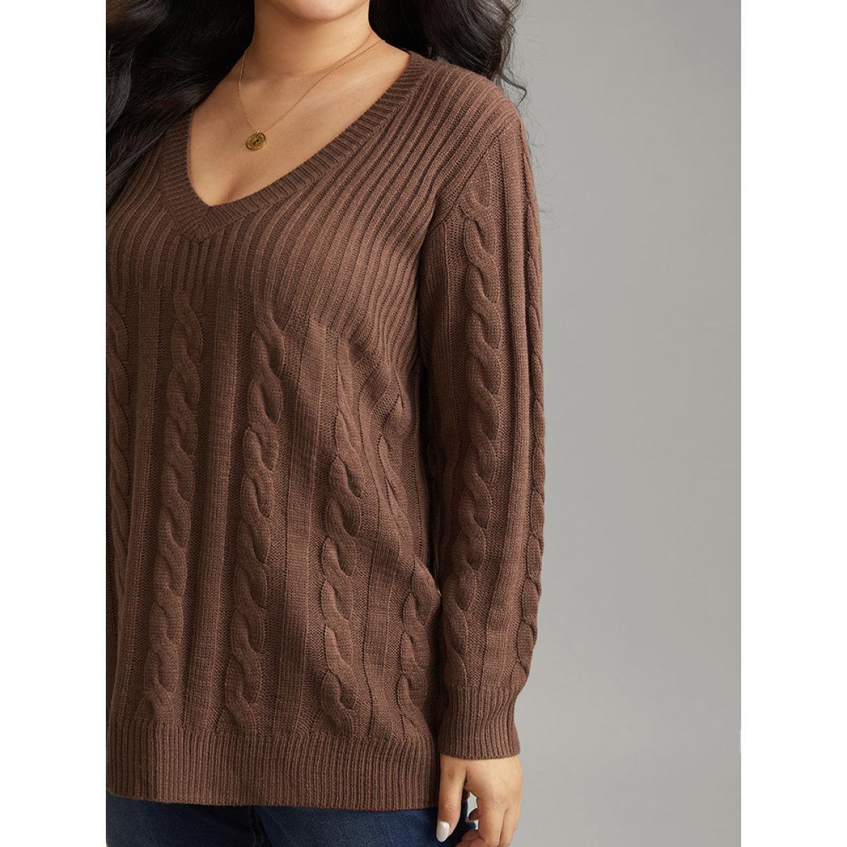 Plus Size Cable Knit Patchwork Plisse V Neck Pullover DarkBrown Women Casual Loose Long Sleeve V-neck Dailywear Pullovers BloomChic 26/4X Product Image