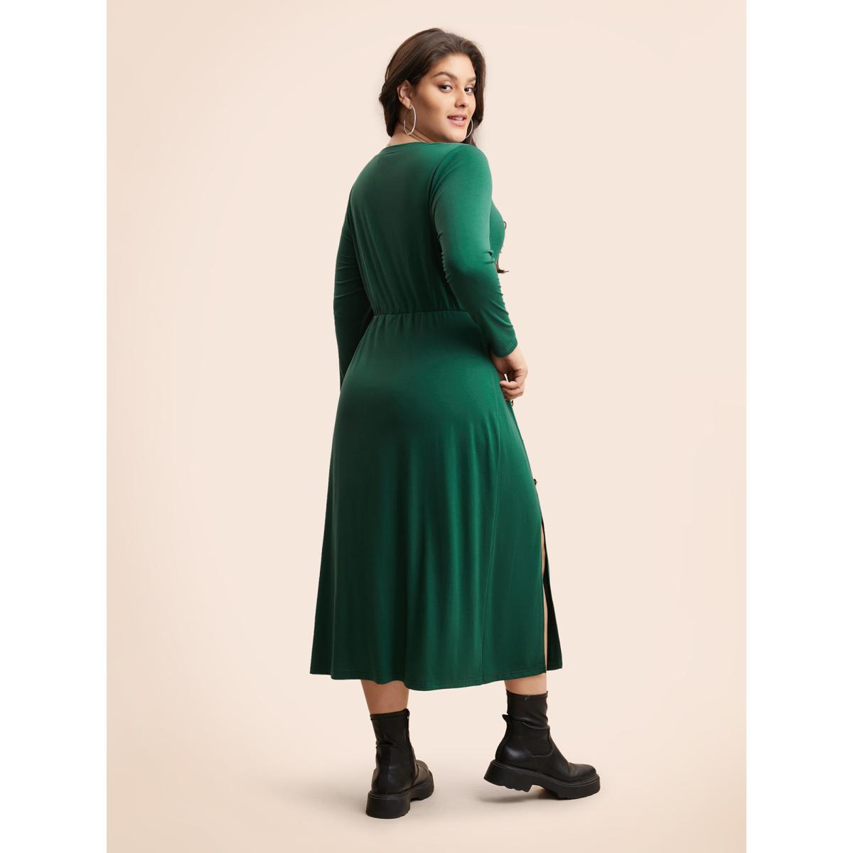 Plus Size Plain Button Detail Split Hem Dress DarkGreen Women Casual Gathered Round Neck Long Sleeve Curvy BloomChic 18-20/2X Product Image