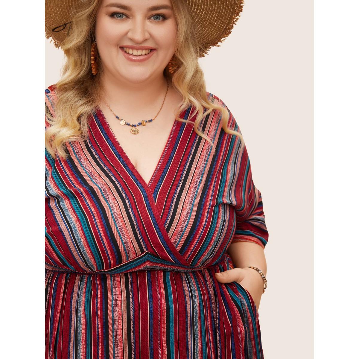 Plus Size Striped Contrast Dolman Sleeve Shirred Pocket Split Flutter Dress Red Women Resort Non V-neck Half Sleeve Curvy BloomChic 18-20/2X Product Image