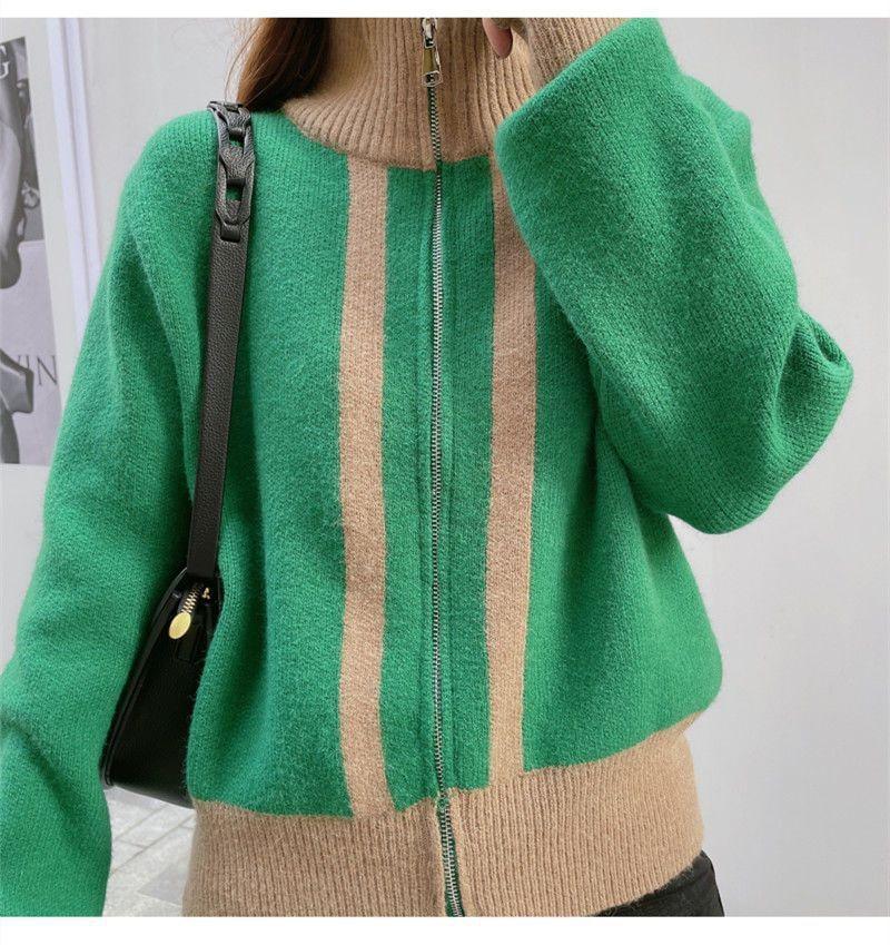 Stand Collar Two Tone Zip-Up Cardigan Product Image