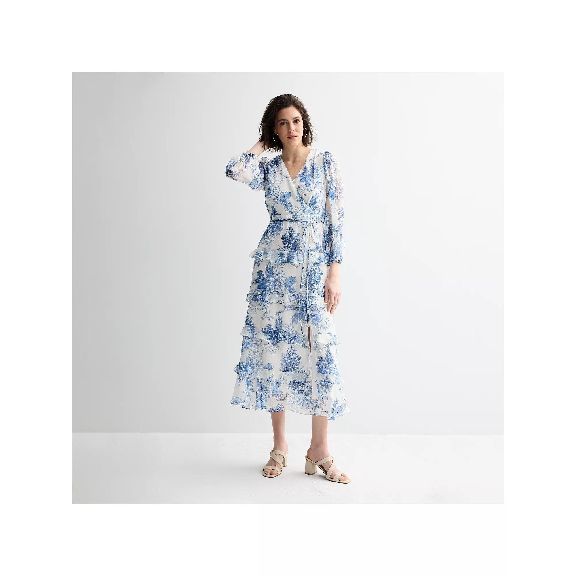 Women's Maison Tara Toile Surplice Tiered Ruffle Maxi Dress, Size: 6, Ivory Blue Floral Product Image