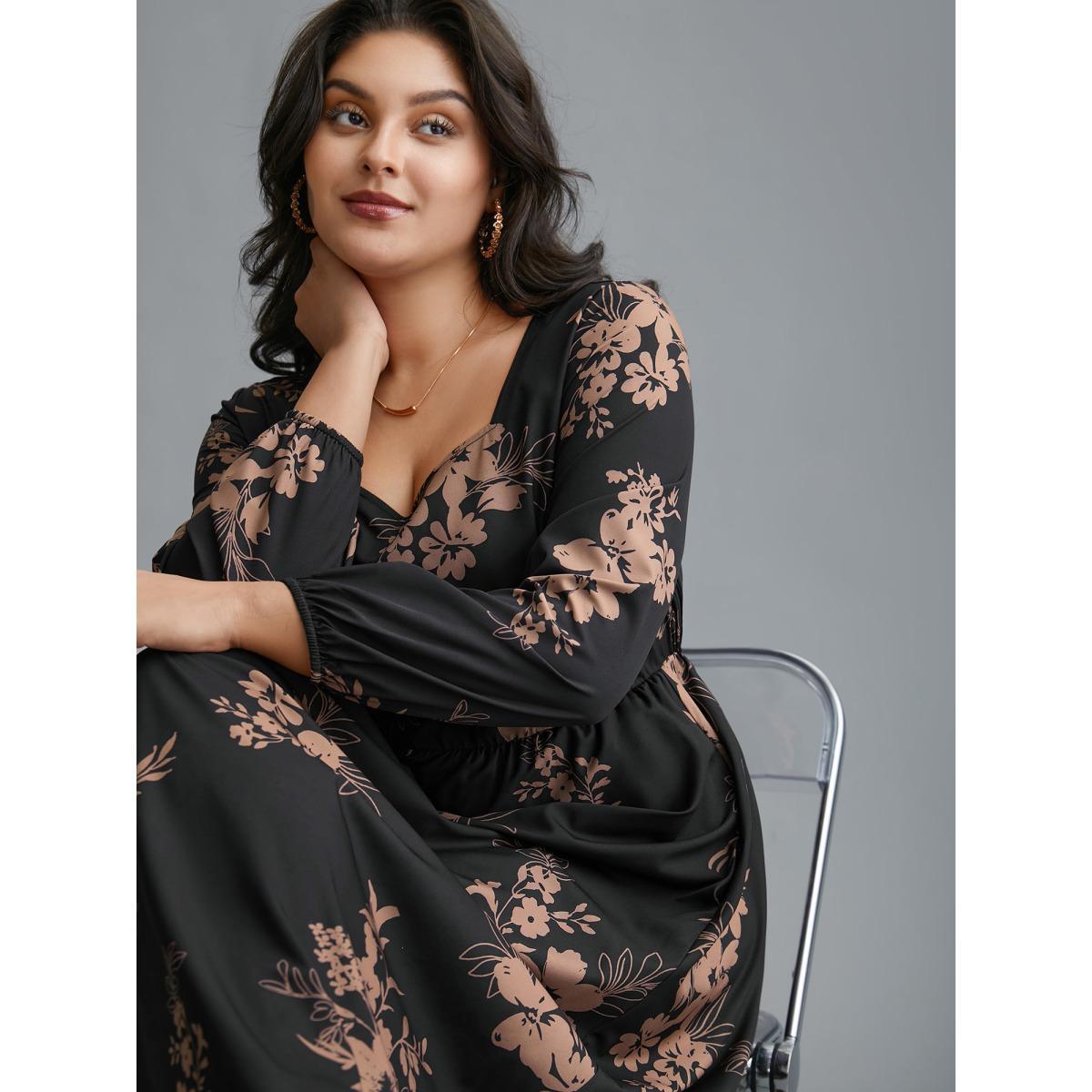 Plus Size Floral Square Neck Pocket Midi Dress Black Women Elegant Non Square Neck Long Sleeve Curvy BloomChic 28/5X Product Image