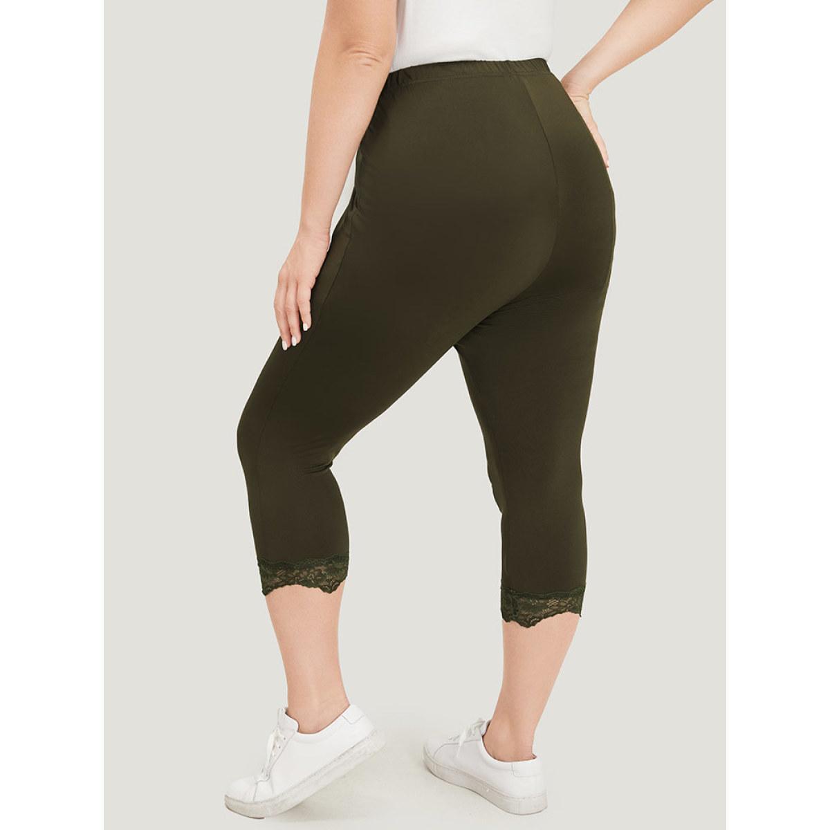 Plus Size Plain Lace Patchwork High Rise Leggings Women ArmyGreen Casual High stretch Skinny High Rise Dailywear Leggings BloomChic 26/4X Product Image