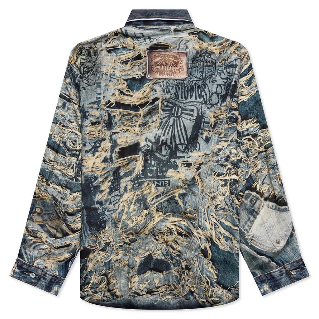 Trompe L'oeil Distressed Denim Print Button Up Fn-Mn-Shir000872 - Denim Blue Male Product Image