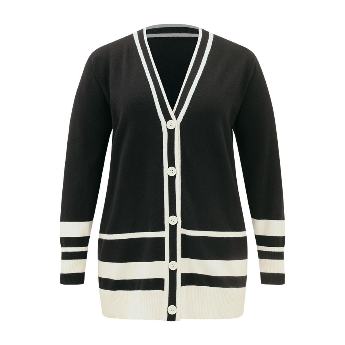 Plus Size Supersoft Essentials Anti-Pilling Contrast Button Up Cardigan Black Women Casual Loose Long Sleeve Dailywear Cardigans BloomChic 26/4X Product Image