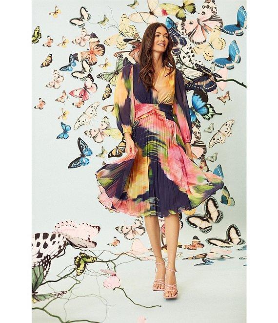 Maggy London Printed Chiffon Pleated V Neckline Long Sleeve Midi Dress Product Image