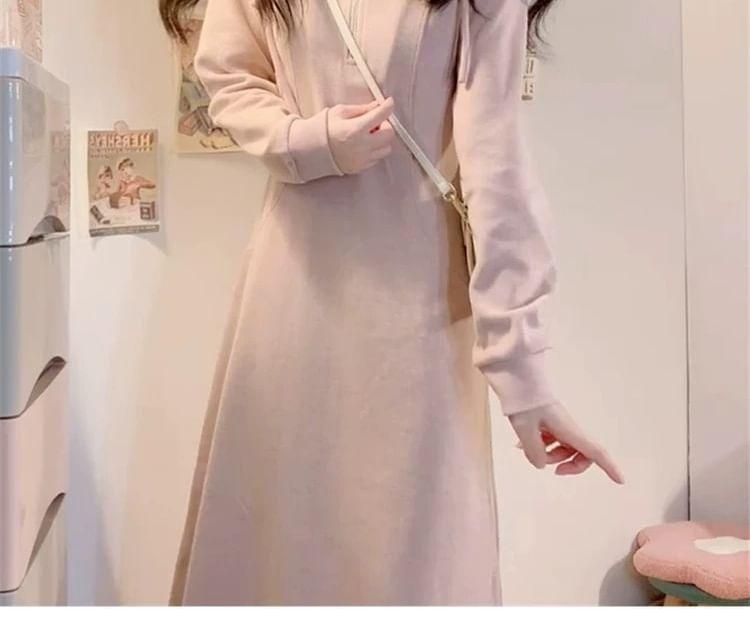 Long-Sleeve Hooded Knit Maxi A-Line Dress Product Image