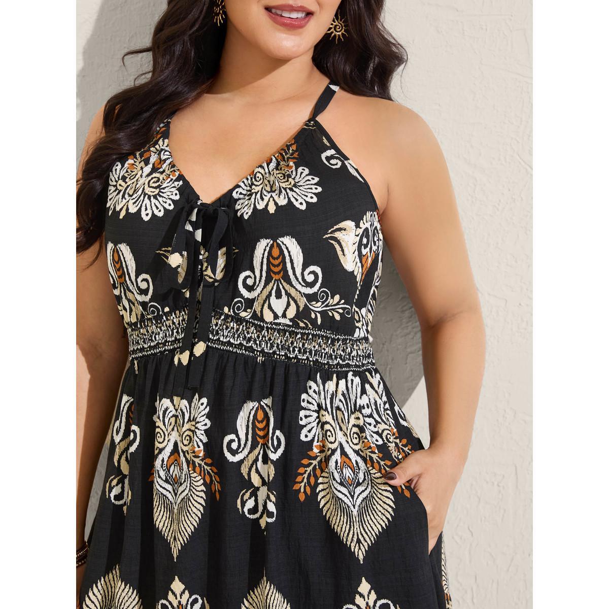 Plus Size Boho Print Pockets Cinched-Waist Midi Dress Black Women V-neck Sleeveless Curvy BloomChic 12/L Product Image
