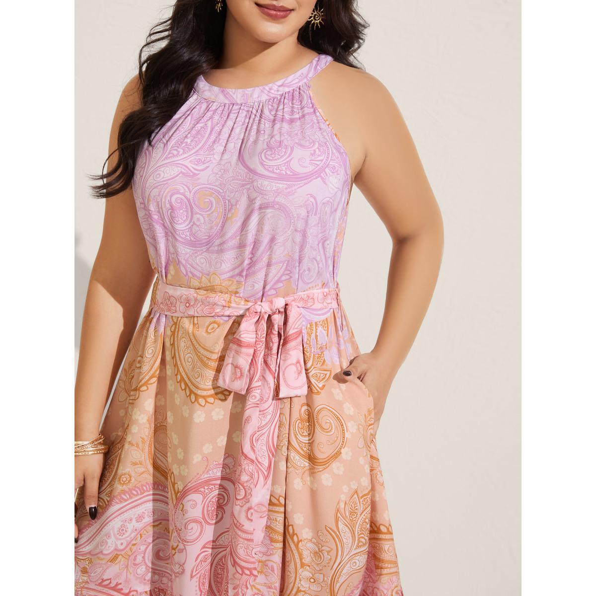 Plus Size Paisley Print Belted Color Contrast Midi Dress Multicolor Women Round Neck Sleeveless Curvy BloomChic 30/6X Product Image