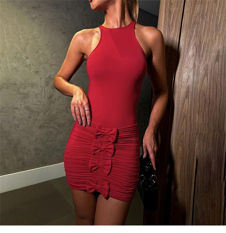 Halter Plain Ruched Bow Mini Bodycon Dress Product Image