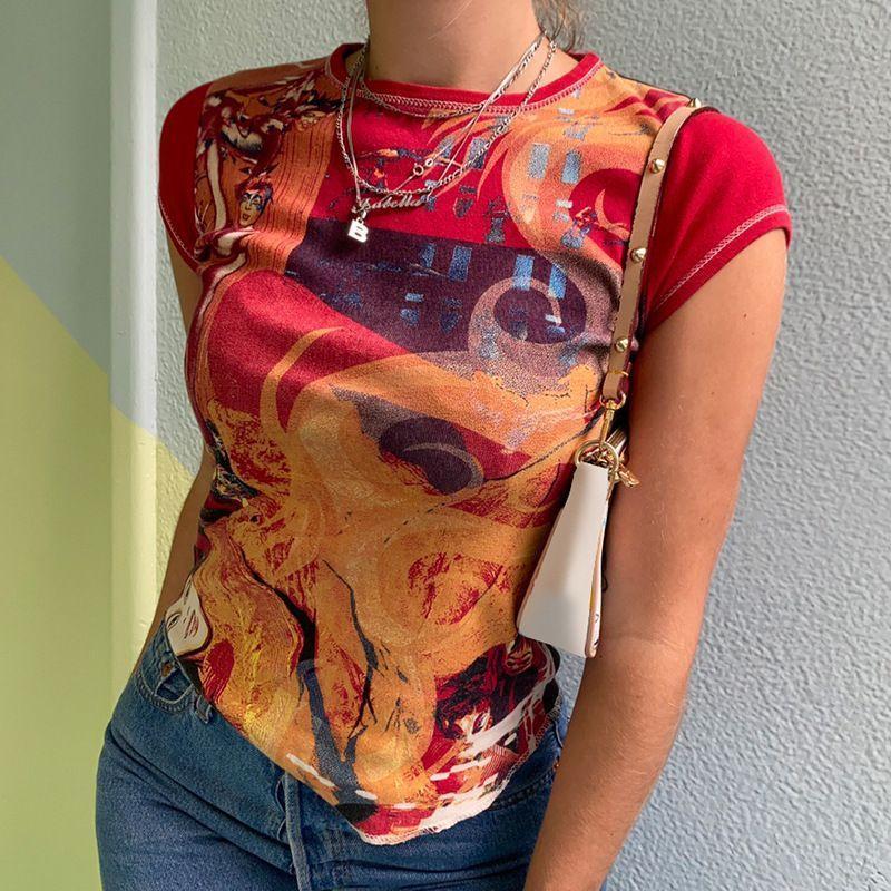 Cap-Sleeve Seam-Trim Printed Top Product Image