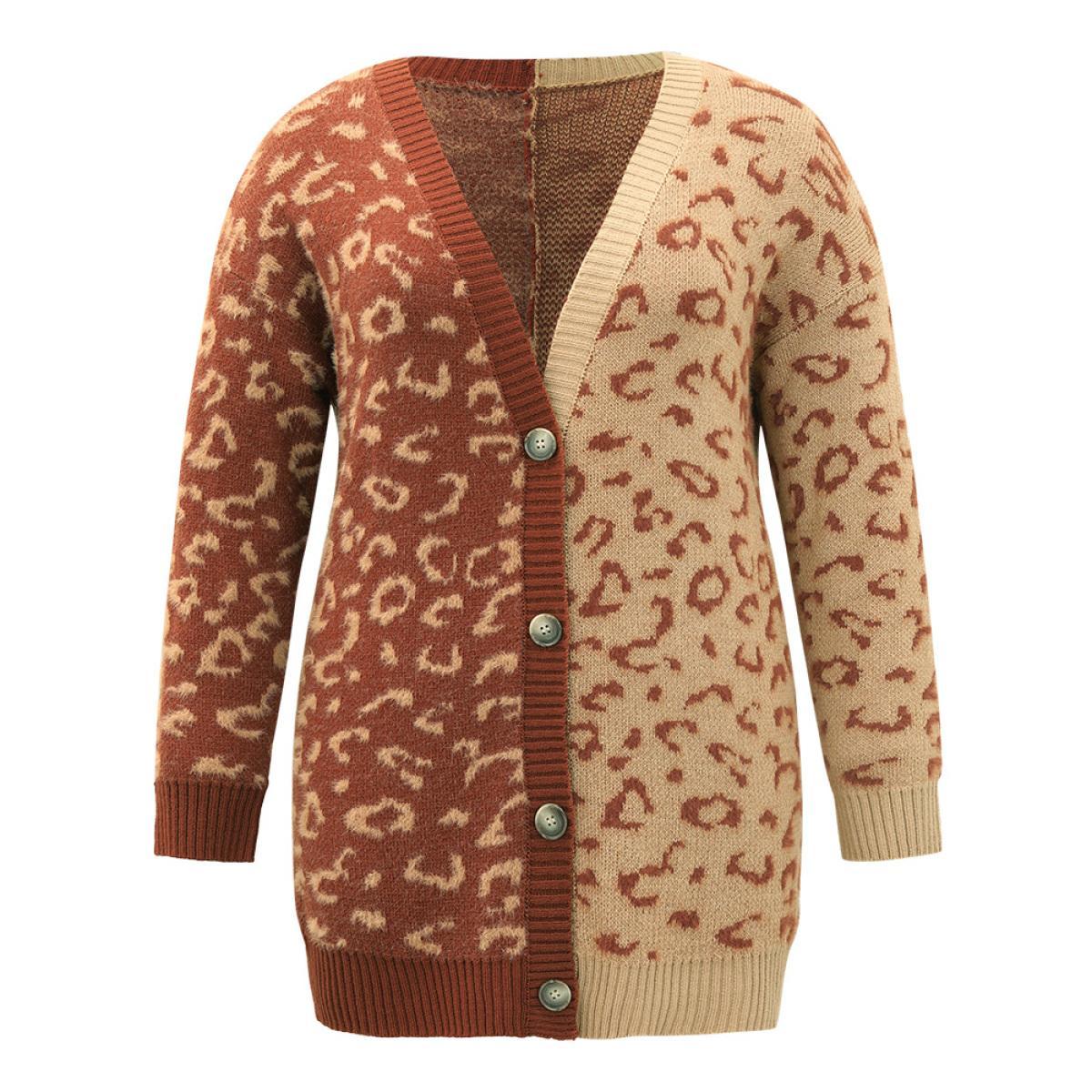 Plus Size Leopard Print Contrast Button Through Cardigan Leopard Women Casual Loose Long Sleeve Dailywear Cardigans BloomChic 26/4X Product Image