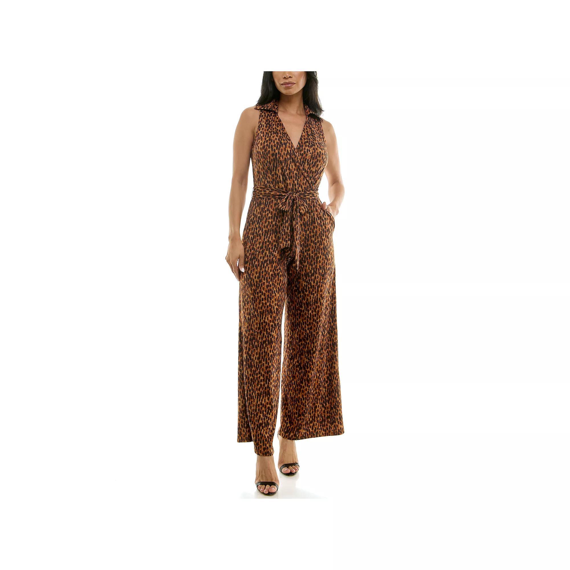 Womens Nina Leonard Print Collared Sleeveless Surplice Wide-Leg Jumpsuit Product Image