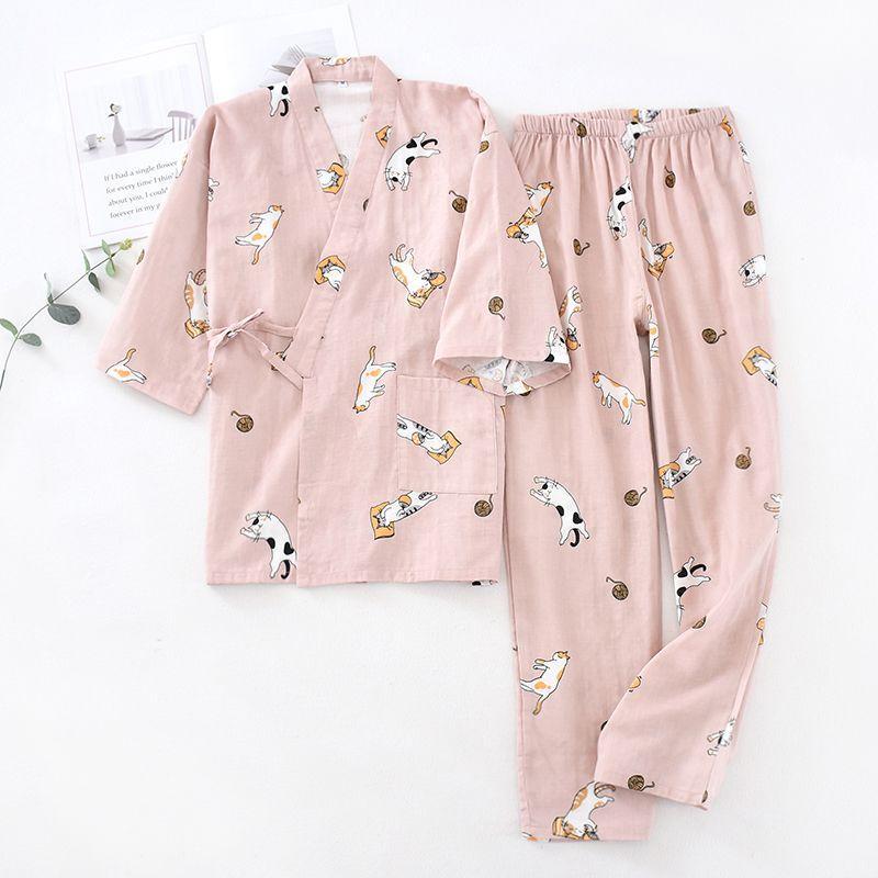 Couple Matching Pajama Set: Cat Print Elbow-Sleeve Kimono Top + Pants Product Image