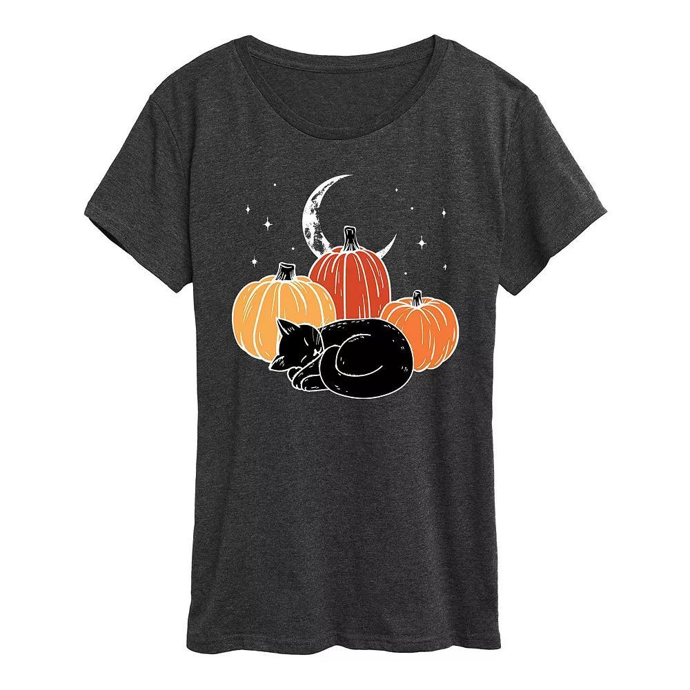 Womens Black Cat Pumpkin Nap Halloween Tee, Girls Grey Gray Product Image